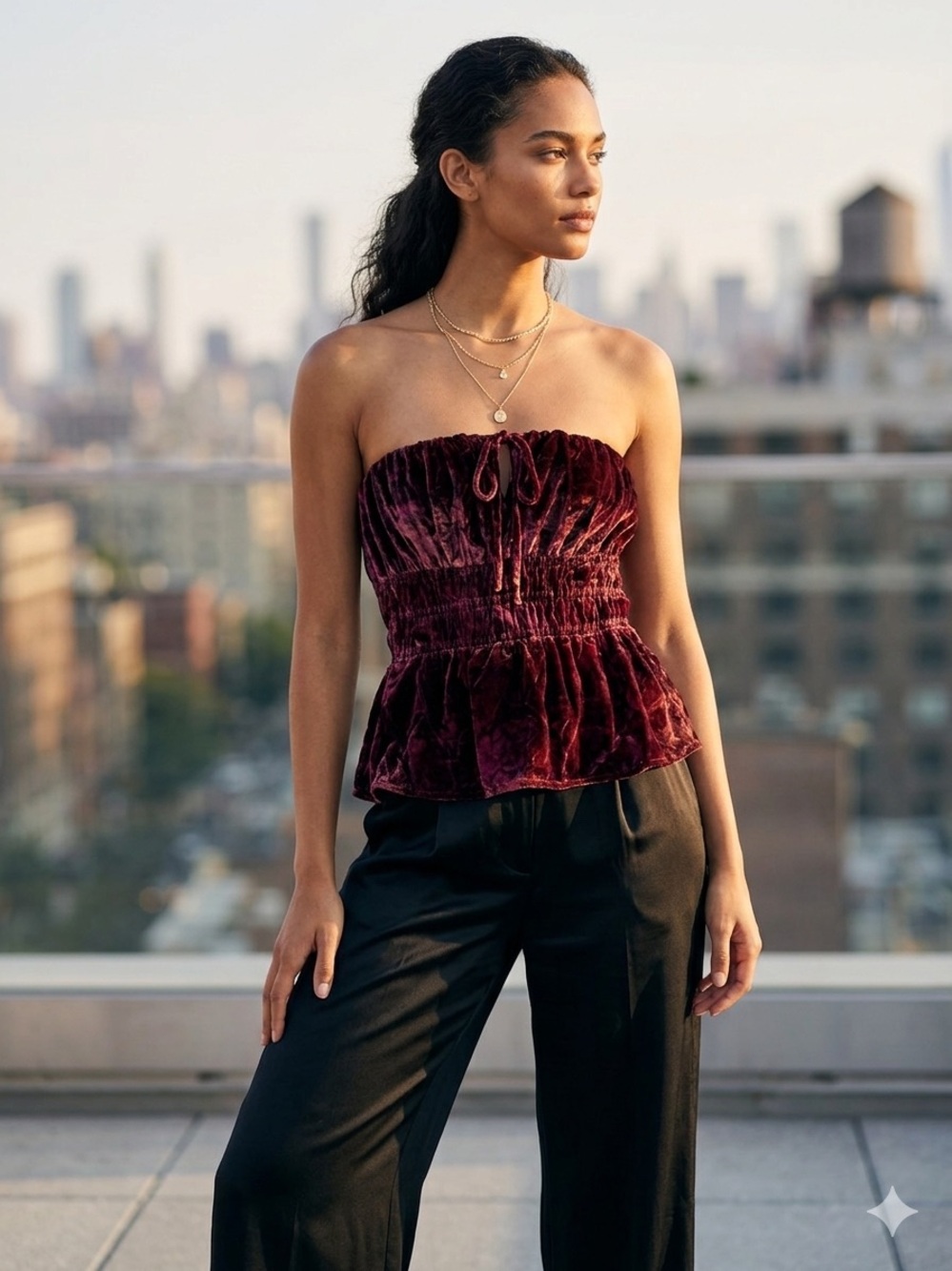 Velour Tube Top with Peplum Detail - Maroon/Burgundy Size M